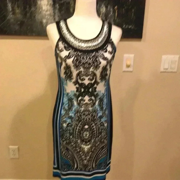 NWT Sandra Darren Abstract Dress w/Sheer & Silver Metallic Neckline-Size 6 - Picture 1 of 10